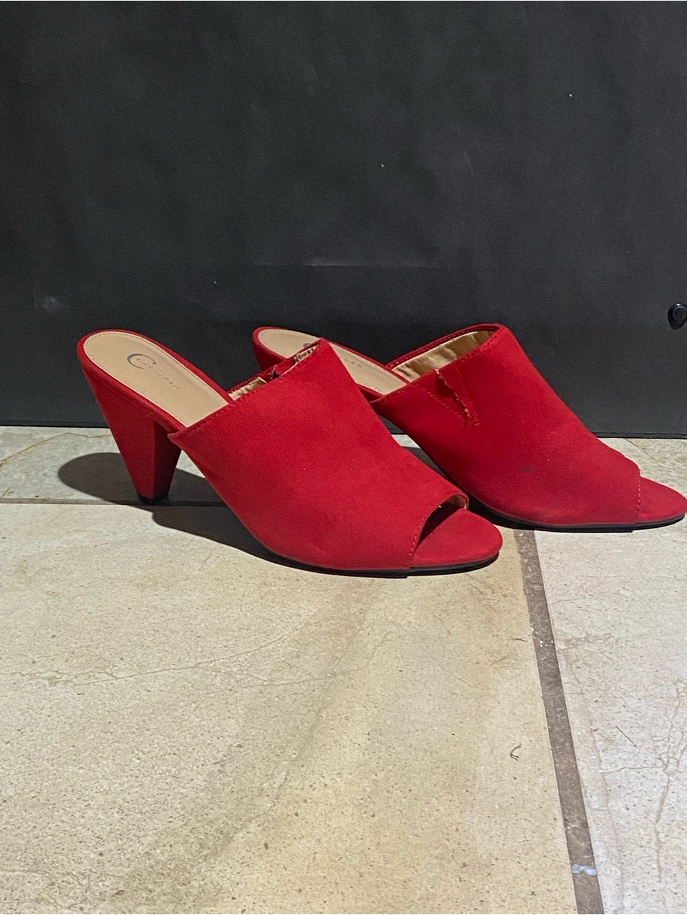 Women’s Red Open-Toe Suede Mule Heels - Slip-On Style